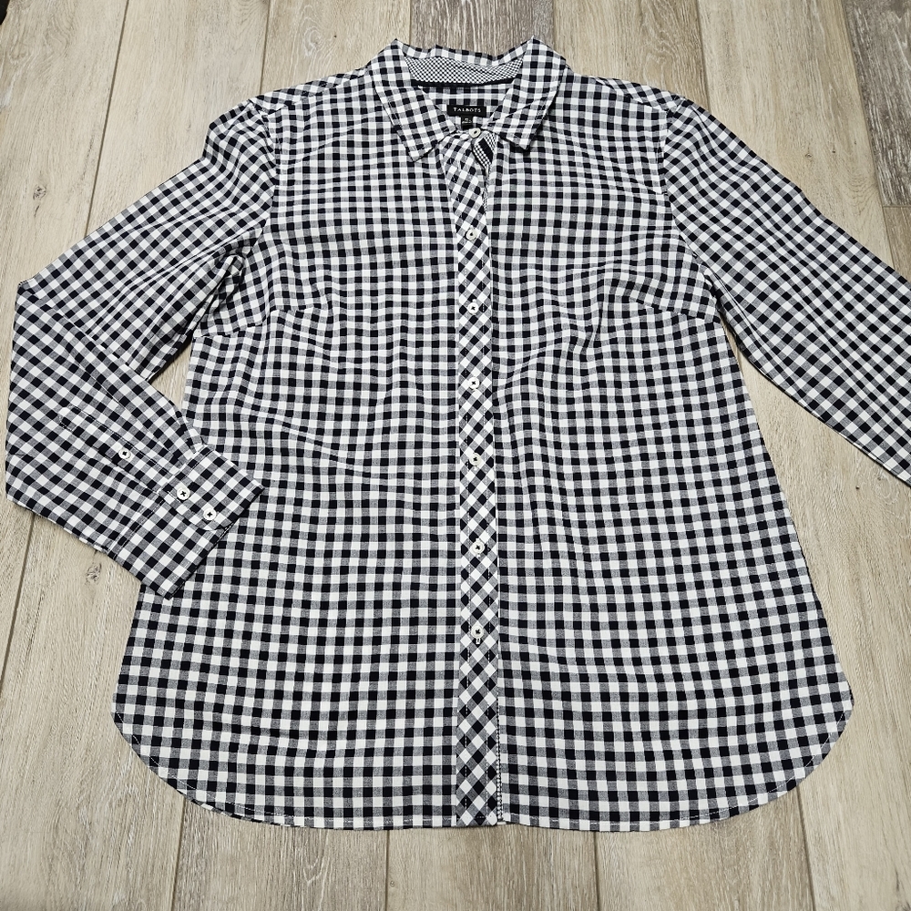 Talbots Gingham Button Up Buffalo Check Oxford Non-Iron Blouse Women's Medium